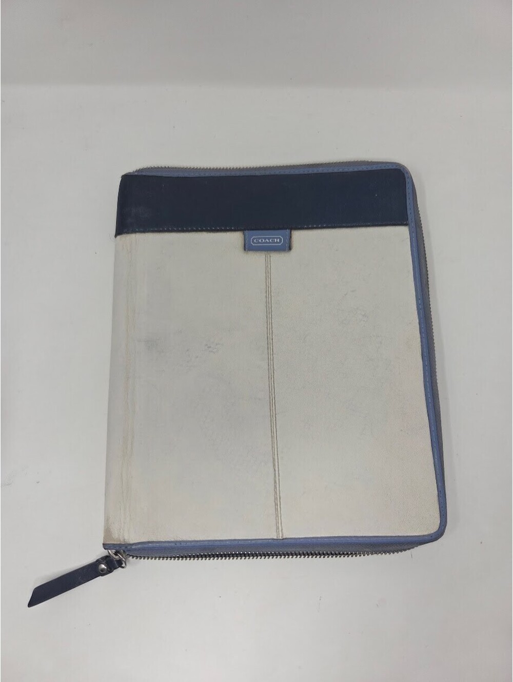 Coach Blue White Zip Around Tablet Portfolio Case Leather Trim Snap Back